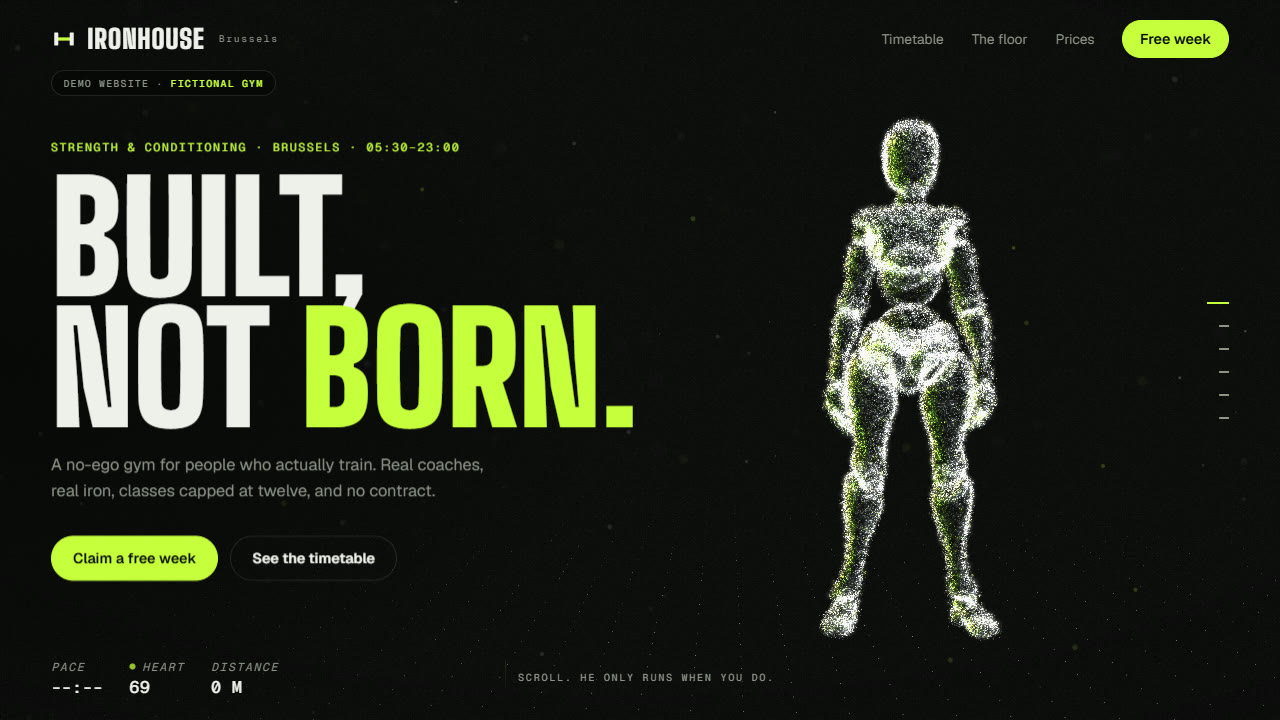 IRONHOUSE Pro: a glowing particle athlete next to the headline Built, not born
