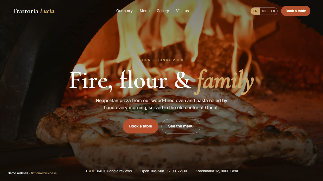 Trattoria Lucia Medium: a pizza photo with the headline Fire, flour and family